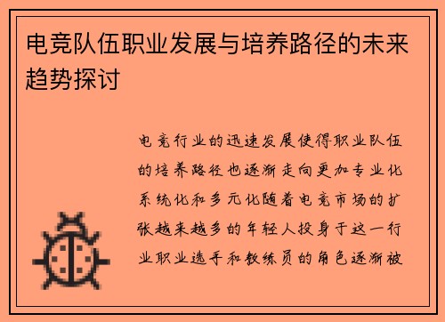 电竞队伍职业发展与培养路径的未来趋势探讨