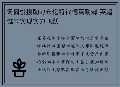 冬窗引援助力布伦特福德富勒姆 英超谁能实现实力飞跃